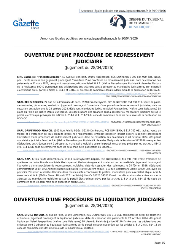 Annonces légales publiées le 30/04/2026