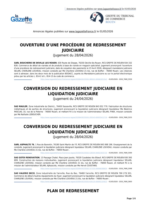 Annonces légales publiées le 01/05/2026