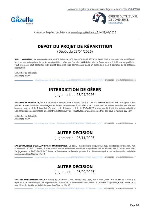 Annonces légales publiées le 29/04/2026