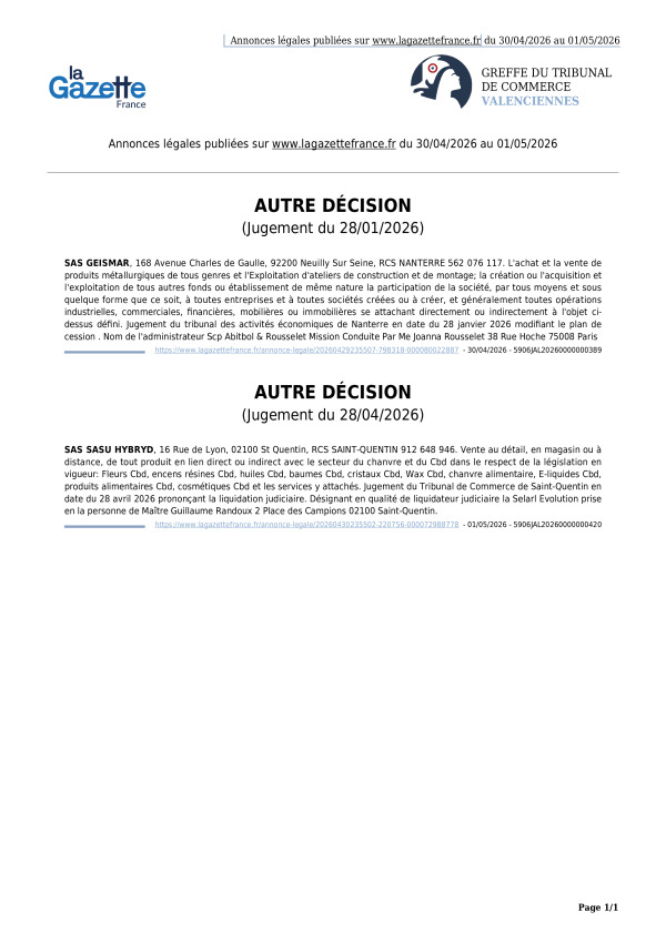Annonces légales publiées du 30/04/2026 au 01/05/2026