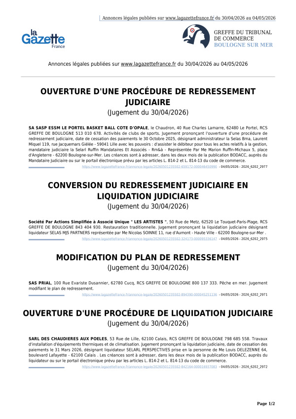 Annonces légales publiées du 30/04/2026 au 04/05/2026