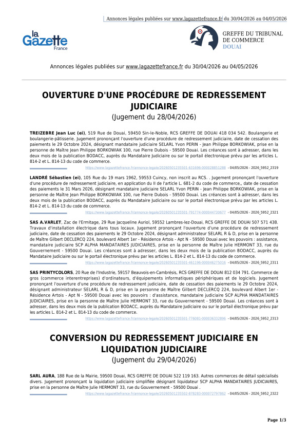 Annonces légales publiées du 30/04/2026 au 04/05/2026