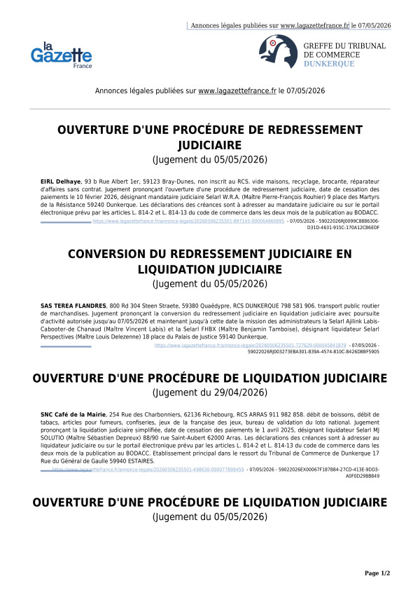 Annonces légales publiées le 07/05/2026