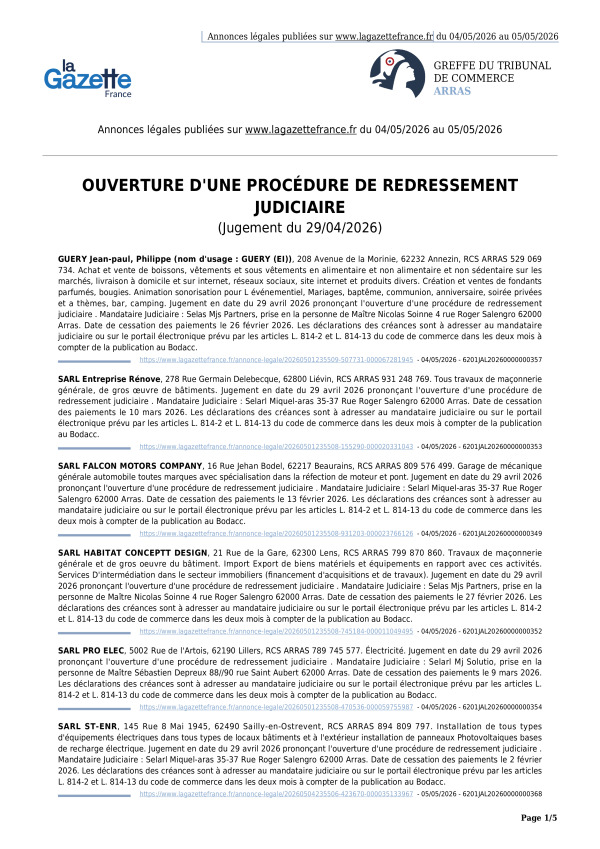 Annonces légales publiées du 04/05/2026 au 05/05/2026