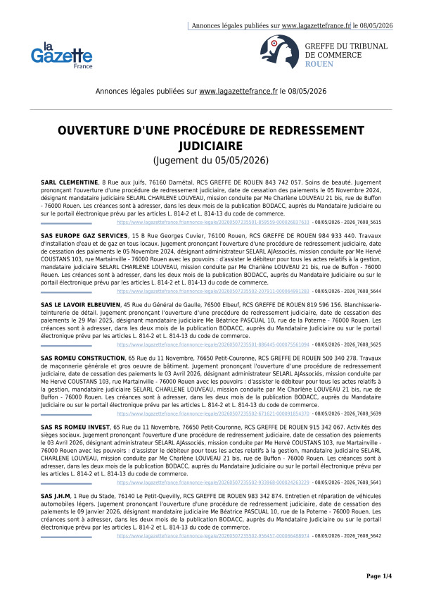 Annonces légales publiées le 08/05/2026