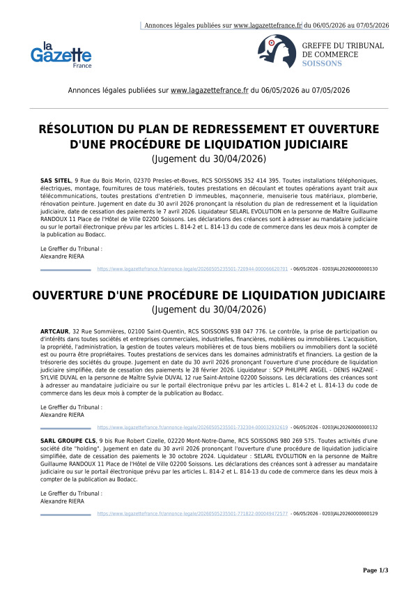 Annonces légales publiées du 06/05/2026 au 07/05/2026