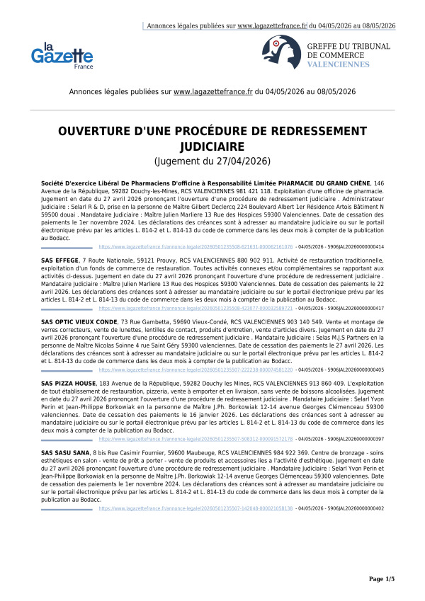 Annonces légales publiées du 04/05/2026 au 08/05/2026