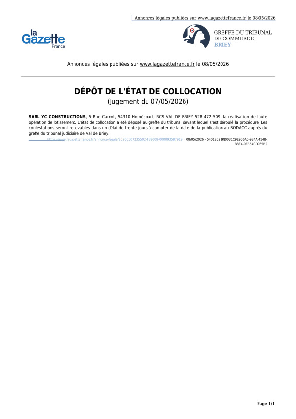 Annonces légales publiées le 08/05/2026