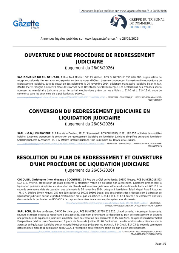 Annonces légales publiées le 28/05/2026