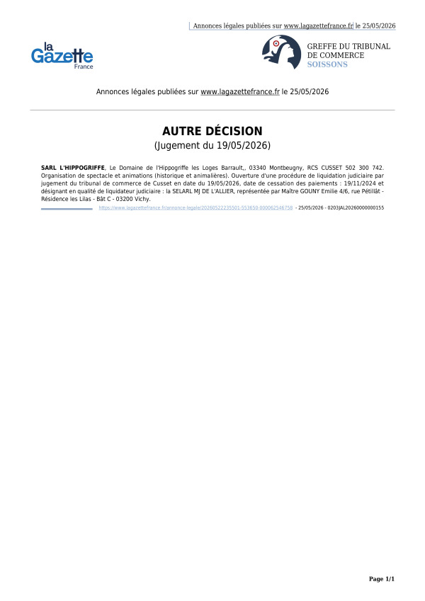 Annonces légales publiées le 25/05/2026