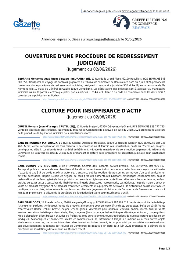 Annonces légales publiées le 05/06/2026