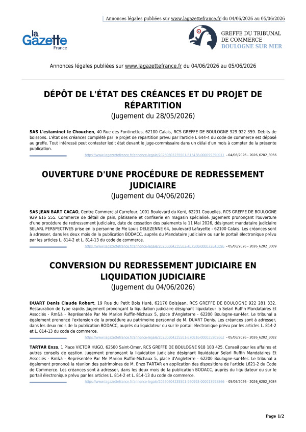 Annonces légales publiées du 04/06/2026 au 05/06/2026