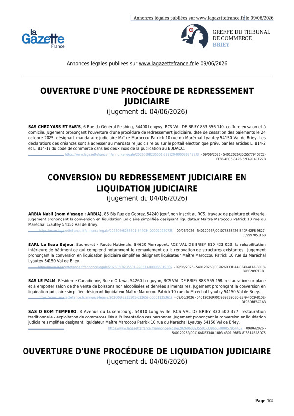 Annonces légales publiées le 09/06/2026