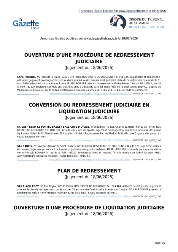 Annonces légales publiées le 19/06/2026