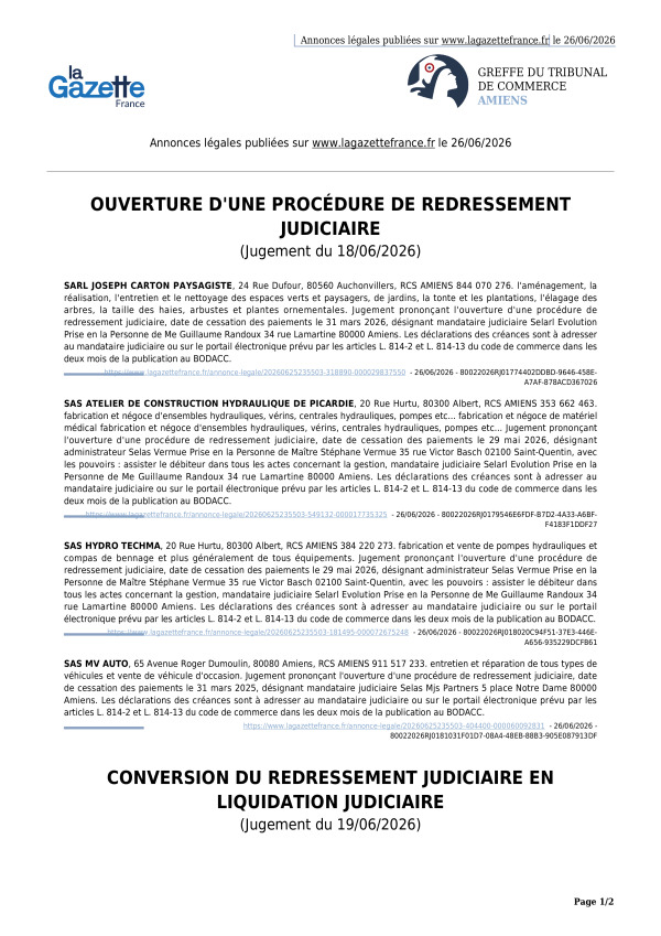 Annonces légales publiées le 26/06/2026