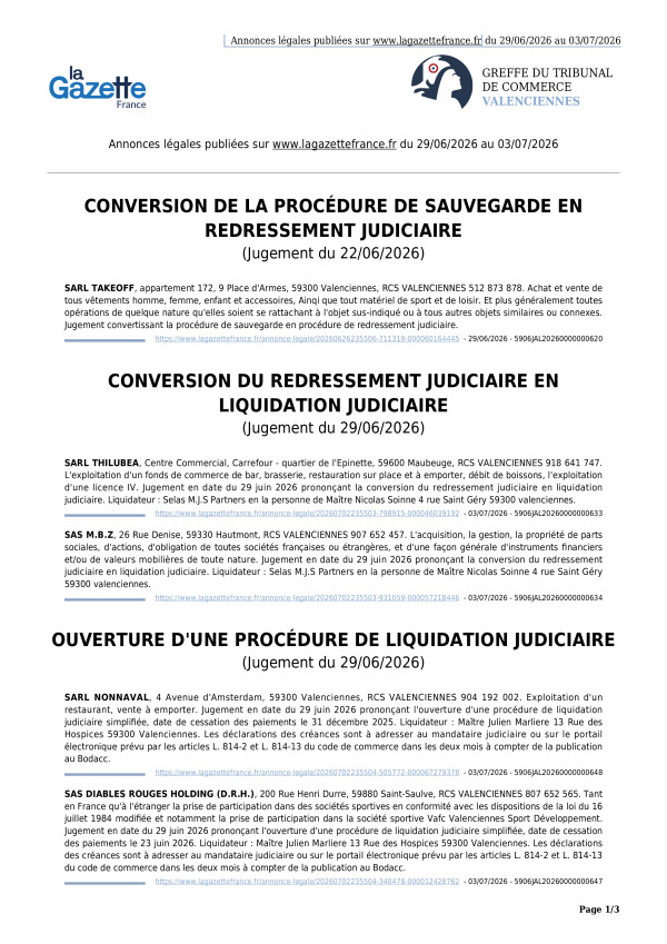 Annonces légales publiées du 29/06/2026 au 03/07/2026