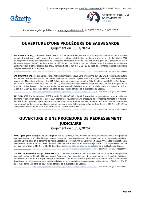 Annonces légales publiées du 20/07/2026 au 21/07/2026
