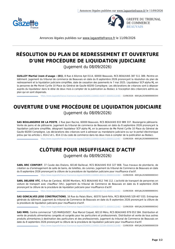 Annonces légales publiées le 11/09/2026