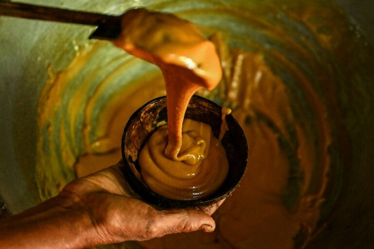 Sarath Ananda, un récolteur de sève de kithul, prépare du sucre de plame, dans le village d'Ambegoda, le 26 janvier 2026 au Sri Lanka © Ishara S. KODIKARA