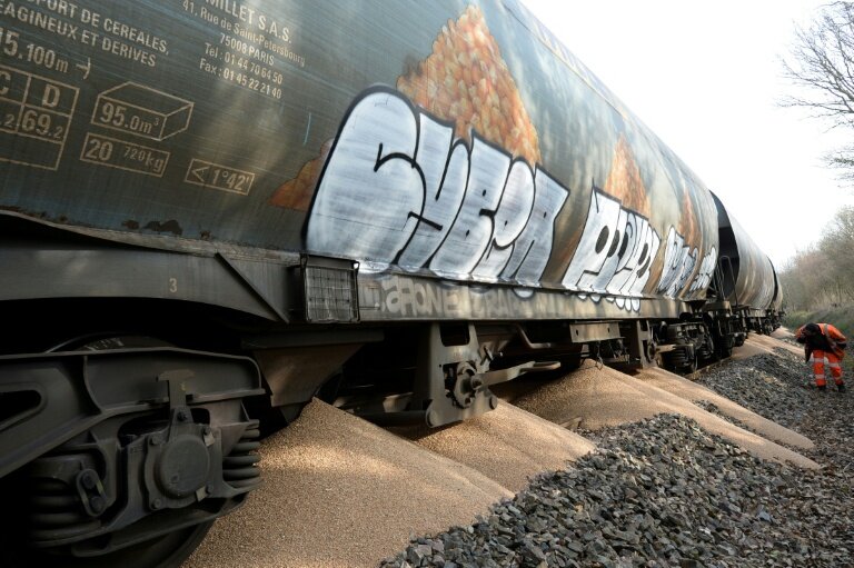 Des militants du collectif "Bretagne contre les fermes usines" ont répandu une partie de la cargaison d'un train de céréales, à Saint-Gérand, le 19 mars 2022 © JEAN-FRANCOIS MONIER