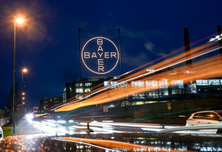 Le logo du géant allemand de la chimie Bayer dans l'usine du groupe à Leverkusen, dans l'ouest de l'Allemagne, le 25 novembre 2024 © Ina FASSBENDER