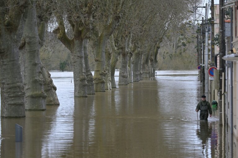 Un homme marche dans une rue inondée de Chalonnes-sur-Loire, le 17 février 2026 © Damien MEYER