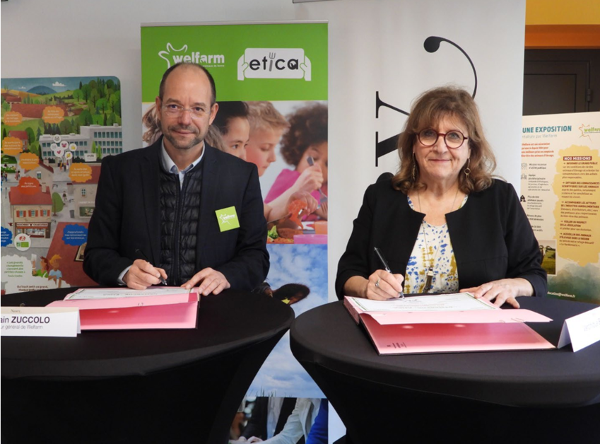 Ghislain Zuccolo, directeur général de Welfarm, et Véronique Billot, Adjointe déléguée à l'enfance et à l'éducation de la Ville de Nancy, lors de la signature de la charte ETICA, le 21 janvier 2026. ©Ian Fafet/Welfarm.