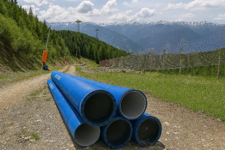 © Saint-Gobain PAM. À l’occasion des derniers JO d’hiver, Saint-Gobain PAM a livré plus de 40 km de tuyaux et raccords de sa gamme Alpinal pour le réseau d’alimentation des canons à neige des sites de compétition.