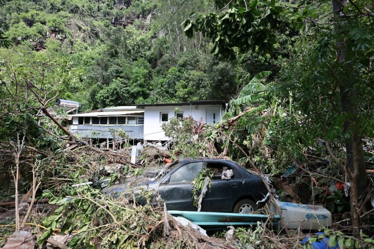 Une voiture ensevelie sous les arbres tombés pendant la tempête Garance à La Colline, près de Saint-Denis de La Réunion, le 2 mars 2025 © Richard BOUHET