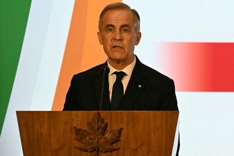 Le Premier ministre canadien Mark Carney s'exprime lors du Forum Canada-Inde à l'hôtel Taj Mahal Palace de Bombay, le 28 février 2026 © Indranil Mukherjee