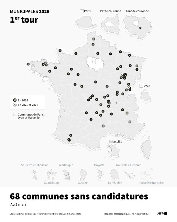 Carte de France montrant les communes sans candidatures au 1er tour des élections municipales de 2026, dont celles qui n'en avaient déjà pas au premier tour de 2020, selon les données du ministère de l'Intérieur au 2 mars 2026 © Valentina BRESCHI