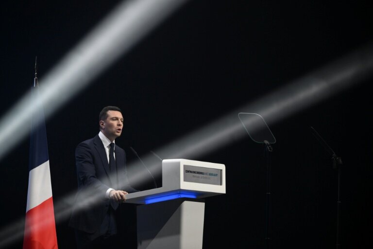 Le président du RN Jordan Bardella en réunion de campagne à Perpignan, le 28 février 2026 © Ed JONES