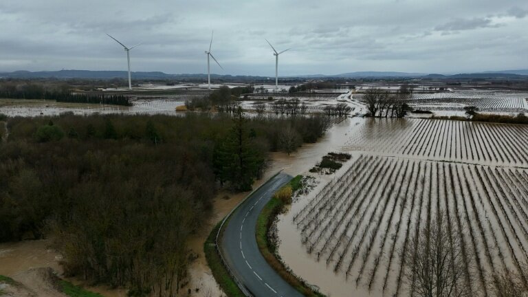 Vue aérienne des inondations à Coursan, dans l'Aude, en raison de la crue de l'Aude provoquée par des pluies torrentielles, le 19 janvier 2026 © Lionel BONAVENTURE
