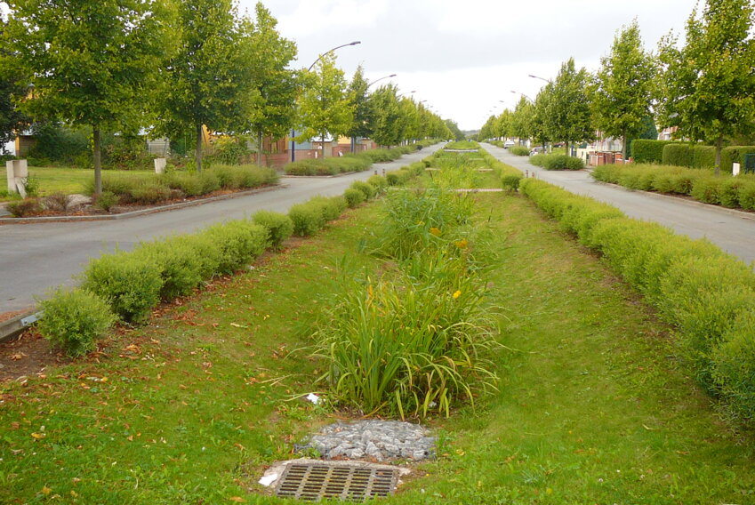 L’agence de l’eau Artois-Picardie a participé au financement de noues pour les villes d’Amiens et de Bruay (Pas-de-Calais) notamment. ©AEAP