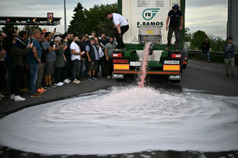 Des viticulteurs vident la cargaison de vin d'un camion lors d'un barrage filtrant au péage du Boulou pour protester contre les importations de vin espagnol, le 19 octobre 2023 dans les Pyrénées-Orientales © LIONEL BONAVENTURE
