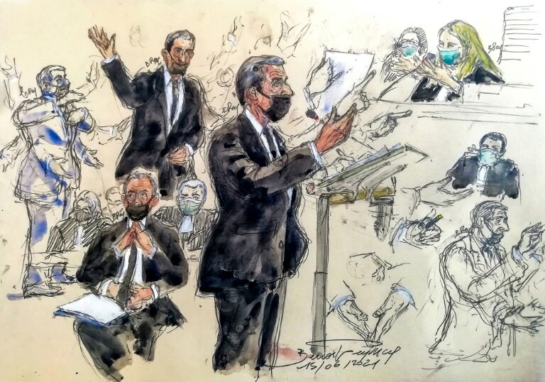 Croquis d'audience montrant l'ancien président Nicolas Sarkozy lors de son procès dans l'affaire "Bygmalion", le 15 juin 2021 à Paris © Benoit PEYRUCQ