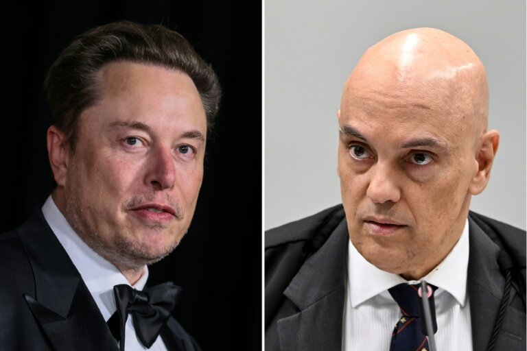 Le patron de X Elon Musk le 13 avril 2024 à Los Angeles (gauche) et le juge de la Cour suprême brésilienne Alexandre de Moraes, le 18 juin 2024 à Brasilia © ETIENNE LAURENT