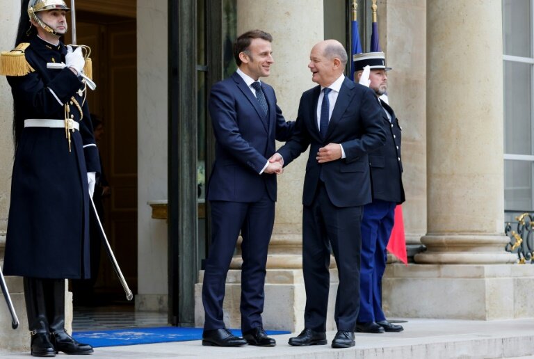 Emmanuel Macron reçoit le  chancelier allemand Olaf Scholz à l'Elysée, le 22 janvier 2025 à Paris © Ludovic MARIN