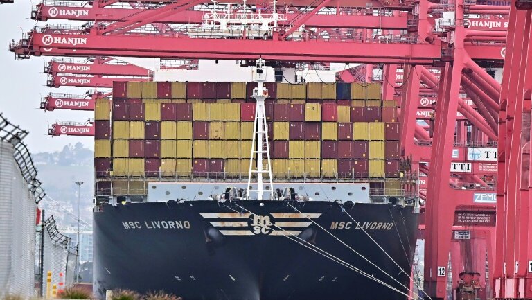 Le porte-conteneurs MSC Livorno à quai dans le port de Long Beach, en Californie, le 5 mars 2025 © Frederic J. BROWN