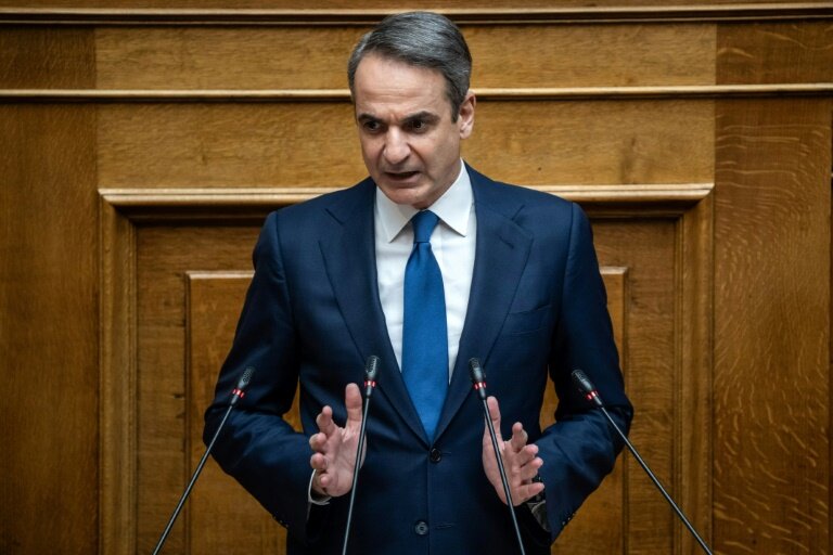 Le Premier ministre grec, Kyriakos Mitsotakis, au Parlement à Athènes, le 5 mars 2025 © Angelos TZORTZINIS