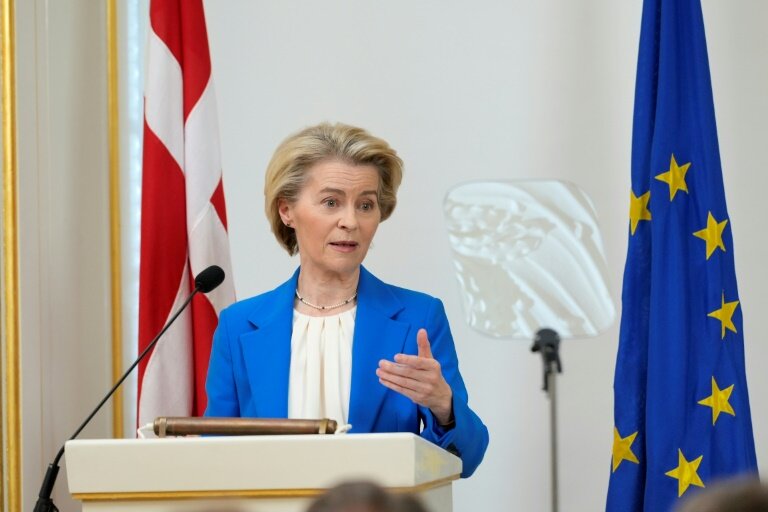 La présidente de la Commission européenne Ursula von der Leyen lors d'une intervention à l'Académie militaire royale danoise à Copenhague, le 18 mars 2025 © Emil Helms