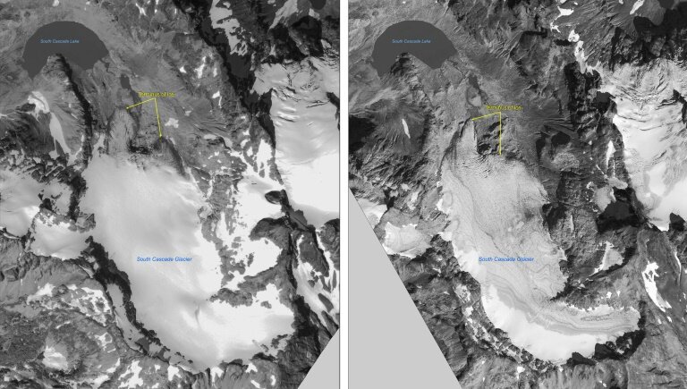 Images satellite fournies par l'U.S. Geological Survey (USGS), le 28 août 2000 (g) et le 10 septembre 2006 montrant le recul du glacier South Cascade, dans l'Etat de Washington © Handout