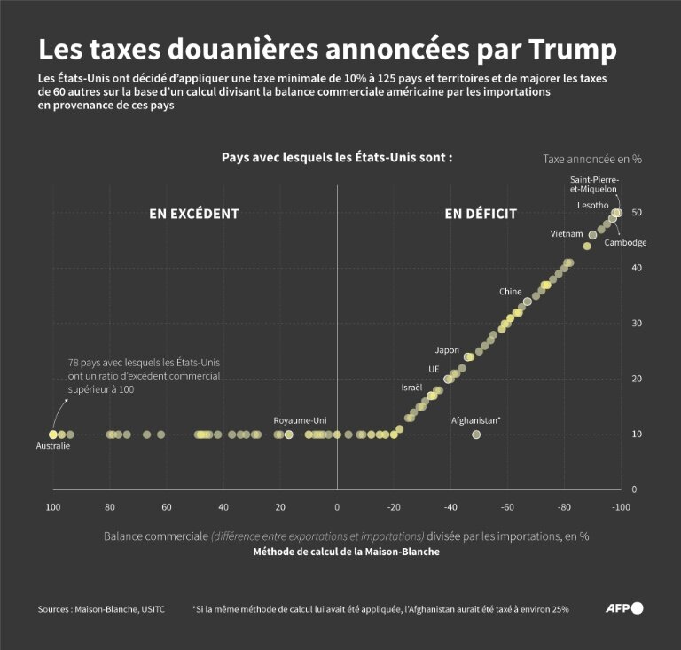 Graphique montrant les taxes douanières annoncées le 2 avril par Donald Trump pour 185 pays et territoires, avec une taxe minimale de 10% pour 125 d'entre eux et une taxe majorée pour 60 autres, sur la base d'un calcul divisant la balance commerciale américaine par les importations en provenance de ces pays et territoires © Sylvie HUSSON