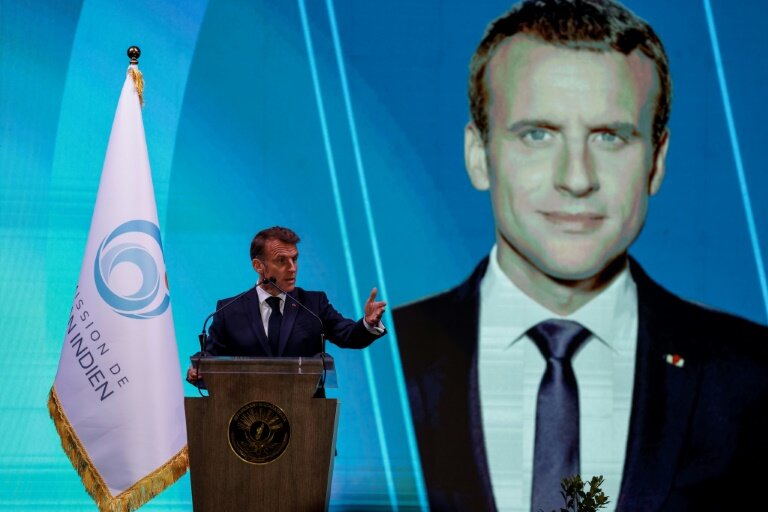 Le président français Emmanuel Macron s'exprime lors du sommet de la Commission de l'océan Indien (COI), à Antananarivo, le 24 avril 2025 © Ludovic MARIN