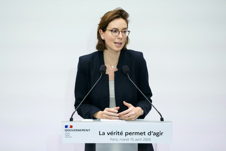 La ministre des Comptes publics Amélie de Montchalin s'exprime le 15 avril 2025 à Paris lors d'une conférence organisée par le Premier ministre sur les finances publiques © Alain JOCARD