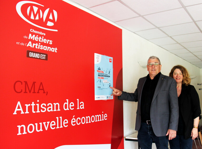 © Emmanuel Varrier. Jean-Paul, président de la Chambre de Métiers et de l’artisanat Grand Est Meurthe-et-Moselle et Christine Lejeune, sa directrice territoriale annoncent la tenue des Rendez-vous Reconversion, le 24 avril dans les locaux de la chambre consulaire à Laxou. 
