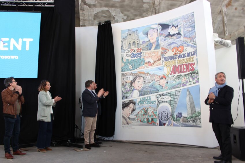 Avec l'association On a marché sur la bulle, les élus Hubert de Jenlis, Alain Gest et Xavier Bertrand ont dévoilé l'affiche de l'édition 2025 à la Halle Freyssinet.