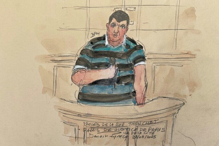Ce croquis judiciaire réalisé le 28 avril 2025 montre l'accusé Marc-Alexandre Boyer à la cour d'assises de Paris, le 28 avril 2025 © Benoit PEYRUCQ
