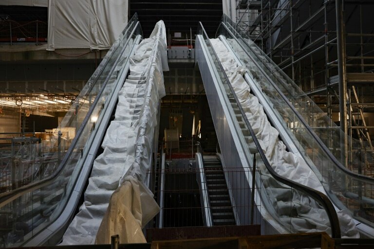 Dans la gare Saint-Denis-Pleyel, alors en construction, le 30 mai 2023 à Saint-Denis © GEOFFROY VAN DER HASSELT