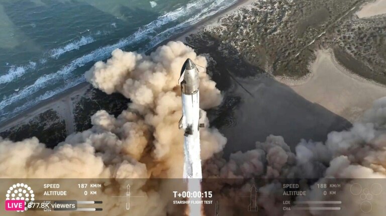 Photographie tirée de la retransmission vidéo du lancement de la fusée Starship de l'entreprise SpaceX, près de Boca Chica, au Texas, le 6 mars 2025 © -